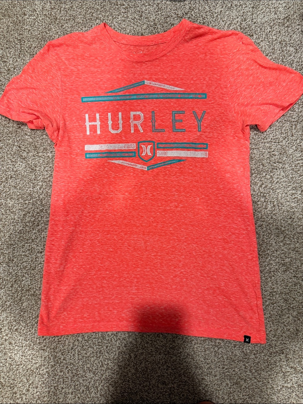 Hurley Coral Red Logo Tee with Teal Accents